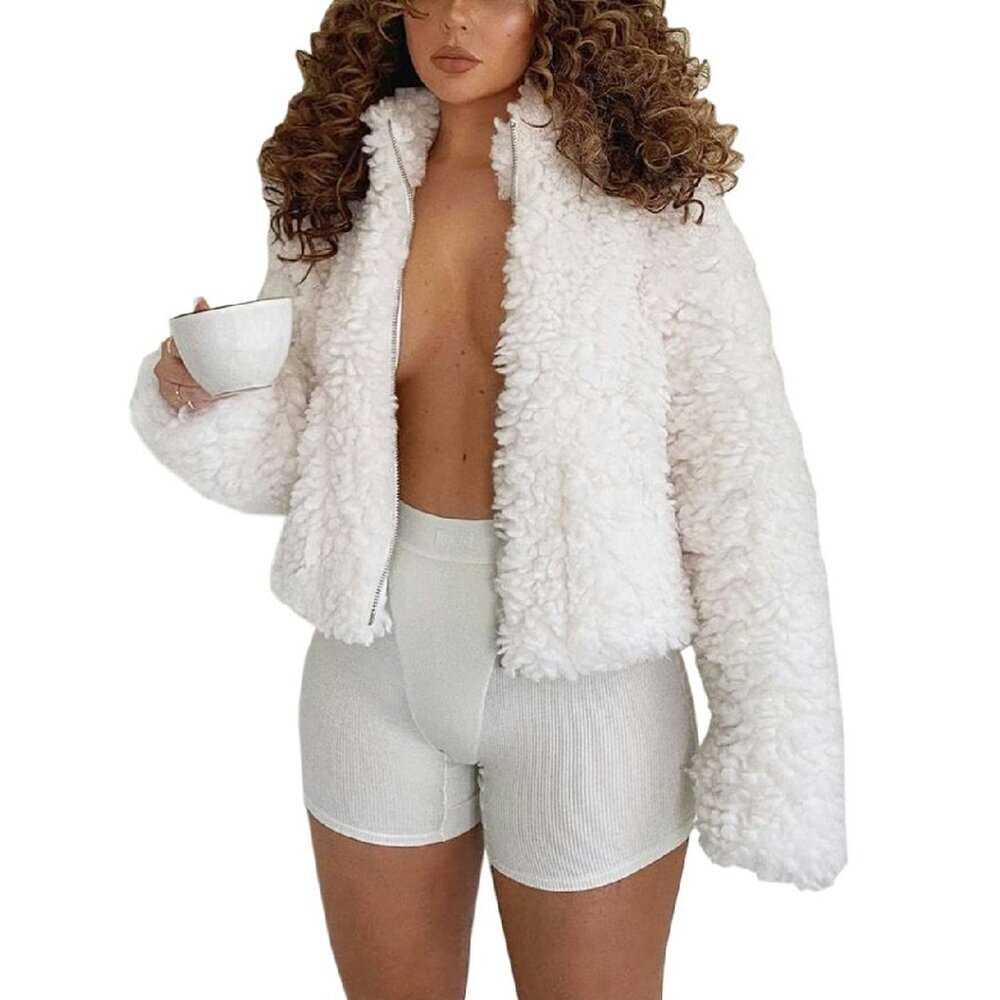 Oversized Faux Fur Teddy Coat Zip Up Jacket with Pockets